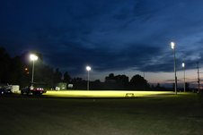 Evening view of soccer field lighting